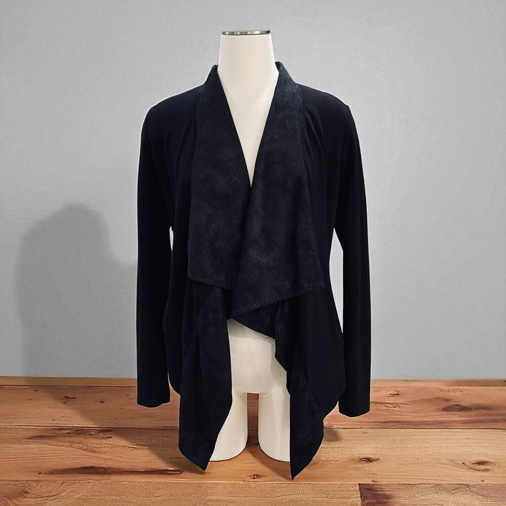 Cabi‎ Black Faux Leather Drape Cardigan Jacket Small Open Front Soft Stretchy